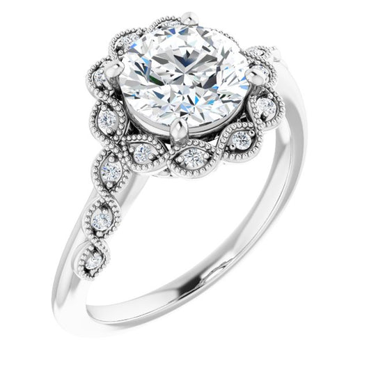 10K White Gold Customizable 3-stone Design with Round Cut Center and Halo Enhancement