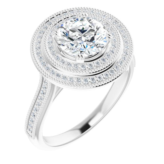 10K White Gold Customizable Round Cut Design with Elegant Double Halo, Houndstooth Milgrain and Band-Channel Accents