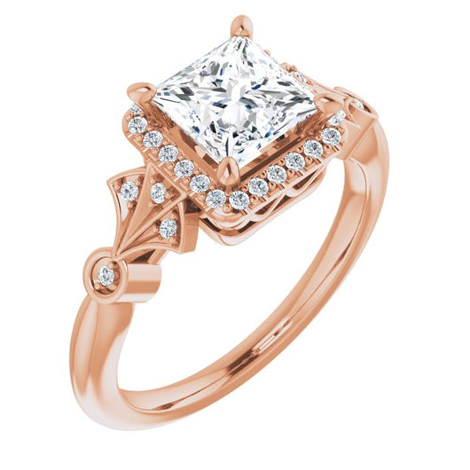 10K Rose Gold Customizable Cathedral-Crown Princess/Square Cut Design with Halo and Scalloped Side Stones