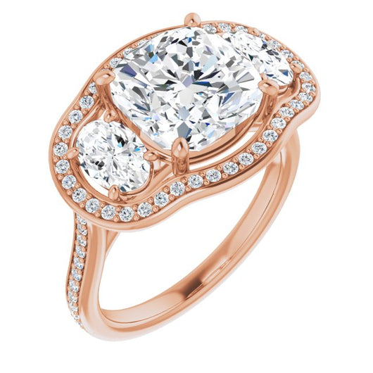 10K Rose Gold Customizable Cushion Cut Style with Oval Cut Accents, 3-stone Halo & Thin Shared Prong Band