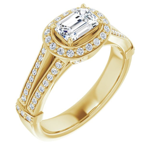 10K Yellow Gold Customizable Emerald/Radiant Cut Setting with Halo, Under-Halo Trellis Accents and Accented Split Band