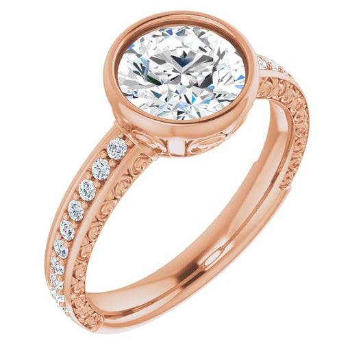 10K Rose Gold Customizable Bezel-set Round Cut Design with Cloud-pattern Band & Semi-Eternity Accents