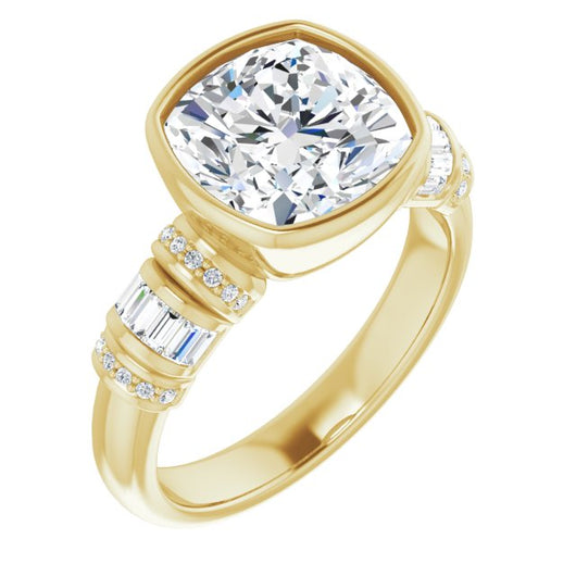 10K Yellow Gold Customizable Bezel-set Cushion Cut Setting with Wide Sleeve-Accented Band