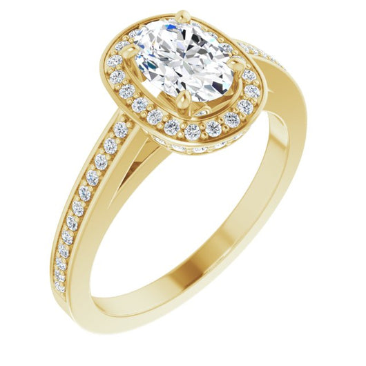 10K Yellow Gold Customizable Cathedral-set Oval Cut Design with Halo, Thin Pavé Band & Round-Bezel Peekaboos