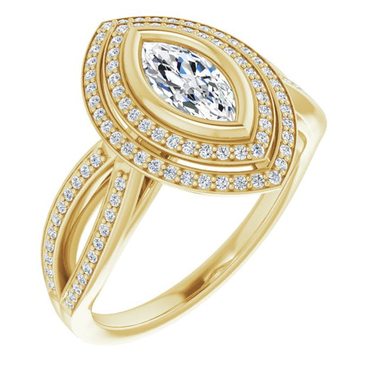 10K Yellow Gold Customizable Bezel-set Marquise Cut Style with Double Halo and Split Shared Prong Band