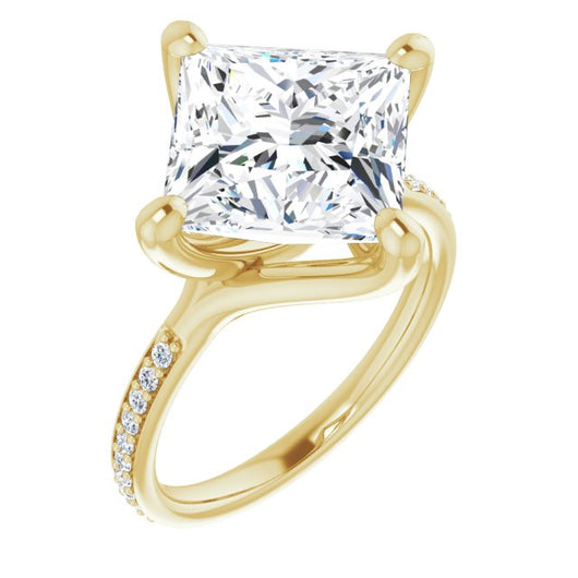 10K Yellow Gold Customizable Princess/Square Cut Design featuring Thin Band and Shared-Prong Round Accents