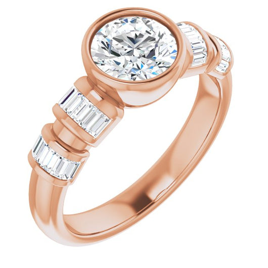 10K Rose Gold Customizable Bezel-set Round Cut Design with Quad Horizontal Band Sleeves of Baguette Accents