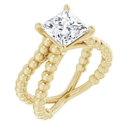 10K Yellow Gold Customizable Princess/Square Cut Solitaire with Wide Beaded Split-Band