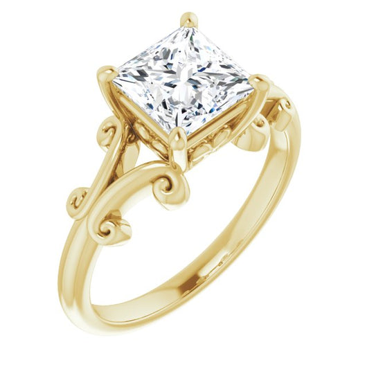 10K Yellow Gold Customizable Princess/Square Cut Solitaire with Band Flourish and Decorative Trellis