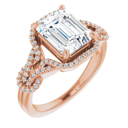 10K Rose Gold Customizable Emerald/Radiant Cut Design with Intricate Over-Under-Around Pavé Accented Band