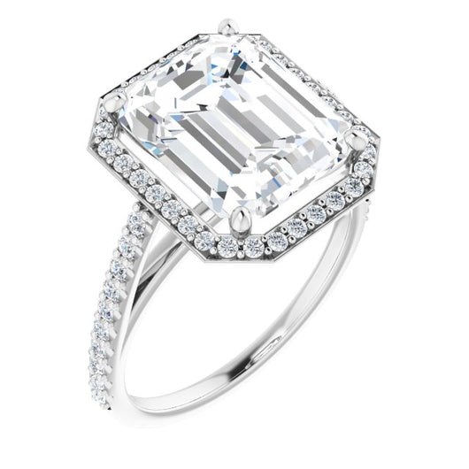 10K White Gold Customizable Emerald/Radiant Cut Design with Halo and Thin Pavé Band