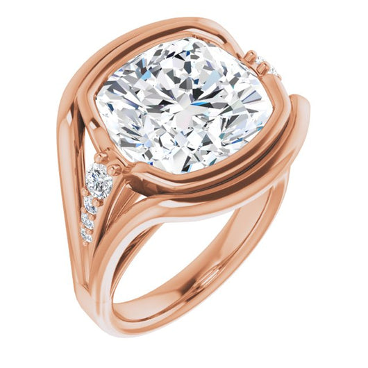 10K Rose Gold Customizable 9-stone Cushion Cut Design with Bezel Center, Wide Band and Round Prong Side Stones