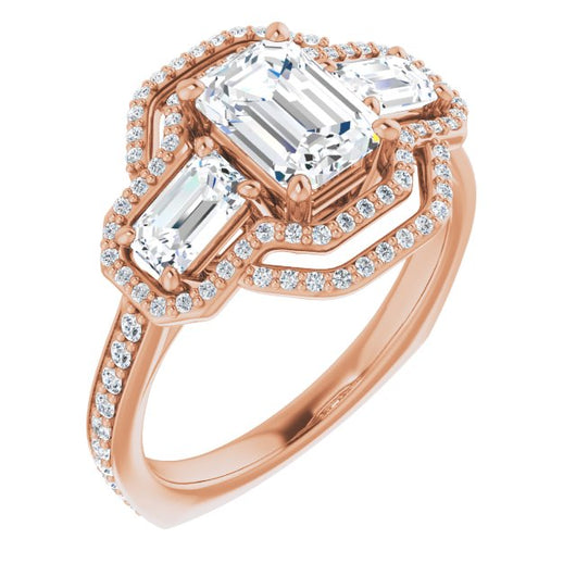 10K Rose Gold Customizable Enhanced 3-stone Style with Emerald/Radiant Cut Center, Emerald Cut Accents, Double Halo and Thin Shared Prong Band