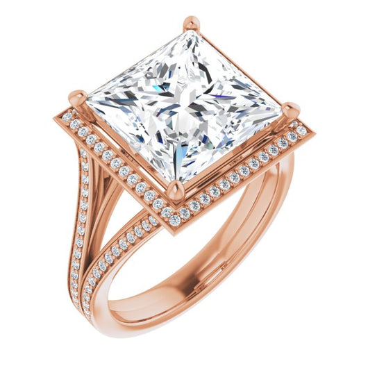 10K Rose Gold Customizable Princess/Square Cut Design with Split-Band Shared Prong & Halo