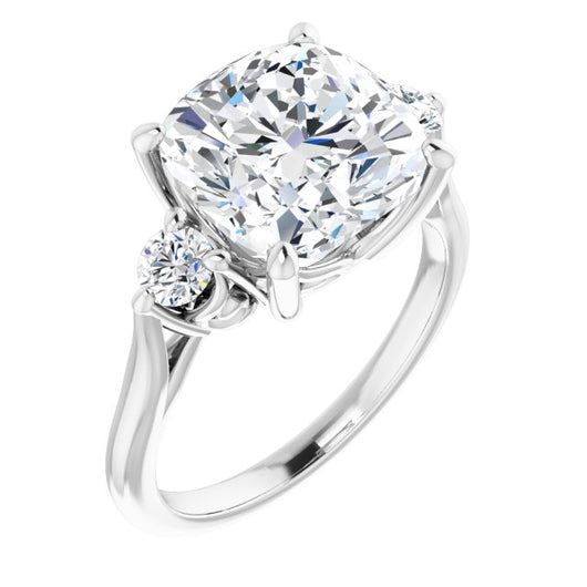 10K White Gold Customizable Three-stone Cushion Cut Design with Small Round Accents and Vintage Trellis/Basket