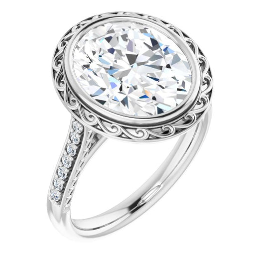 10K White Gold Customizable Cathedral-Bezel Oval Cut Design featuring Accented Band with Filigree Inlay