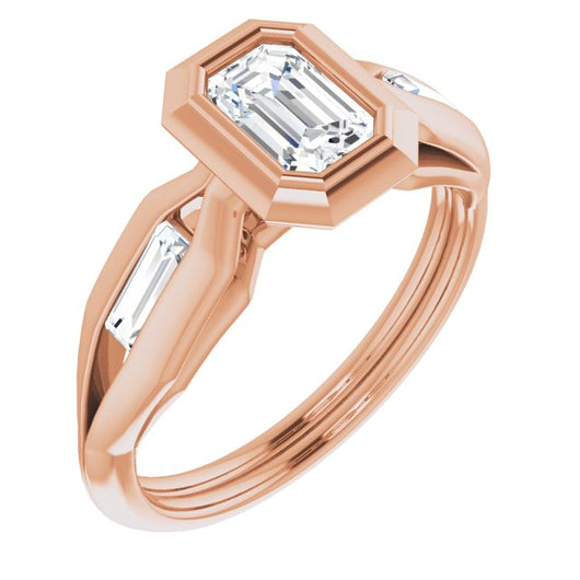 10K Rose Gold Customizable Bezel-set Emerald/Radiant Cut Design with Wide Split Band & Tension-Channel Baguette Accents