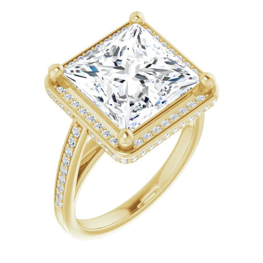 10K Yellow Gold Customizable Cathedral-Halo Princess/Square Cut Design with Under-halo & Shared Prong Band