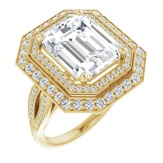 10K Yellow Gold Customizable Cathedral-style Emerald/Radiant Cut Design with Double Halo & Split-Pavé Band