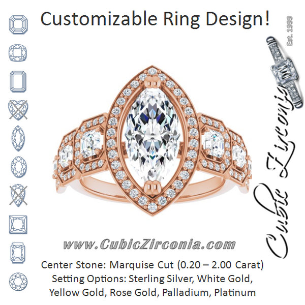 Cubic Zirconia Engagement Ring- The Carmela (Customizable Cathedral-Halo Marquise Cut Design with Six Halo-surrounded Asscher Cut Accents and Ultra-wide Band)