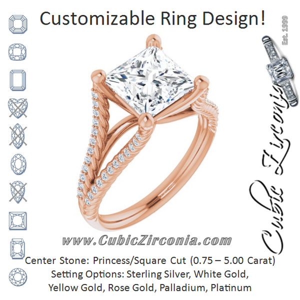 Cubic Zirconia Engagement Ring- The Contessa (Customizable Princess/Square Cut Style with Split Band and Rope-Pavé)