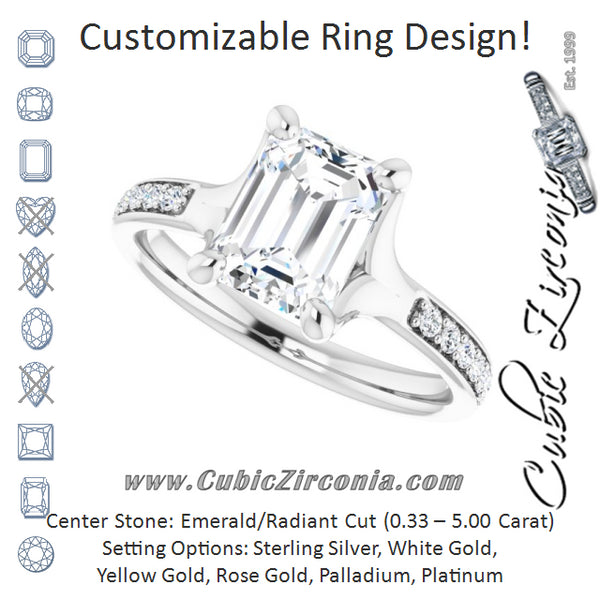 Cubic Zirconia Engagement Ring- The Faride (Customizable Heavy Prong-Set Emerald Cut Style with Round Cut Band Accents)