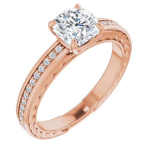 10K Rose Gold Customizable Cushion Cut Design with Rope-Filigree Hammered Inlay & Round Channel Accents