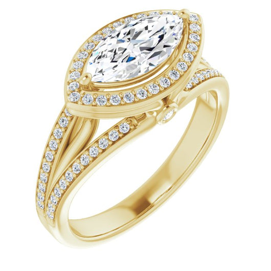 10K Yellow Gold Customizable High-set Marquise Cut Design with Halo, Wide Tri-Split Shared Prong Band and Round Bezel Peekaboo Accents