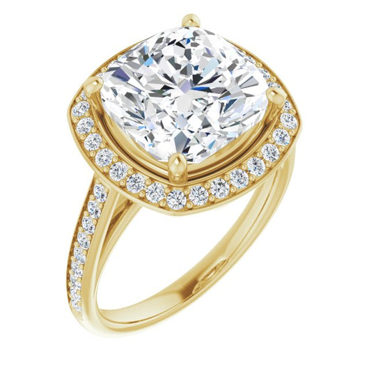 10K Yellow Gold Customizable Cathedral-raised Cushion Cut Halo-and-Accented Band Design