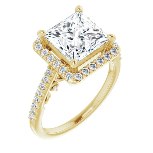 10K Yellow Gold Customizable Cathedral-Halo Princess/Square Cut Design with Carved Metal Accent plus Pavé Band