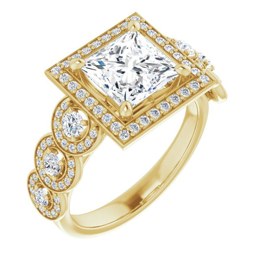 10K Yellow Gold Customizable Cathedral-set Princess/Square Cut 7-stone style Enhanced with 7 Halos