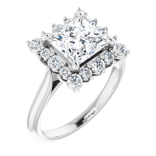 10K White Gold Customizable Crown-Cathedral Princess/Square Cut Design with Clustered Large-Accent Halo & Ultra-thin Band