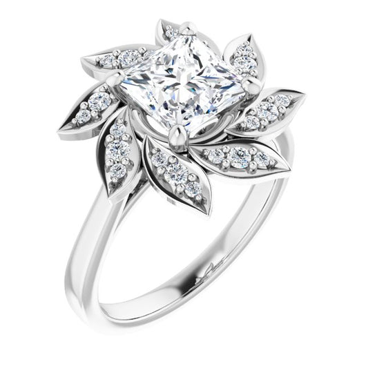 10K White Gold Customizable Princess/Square Cut Design with Artisan Floral Halo