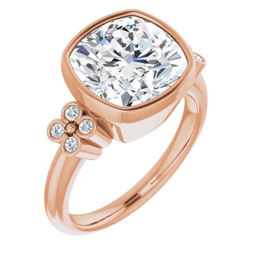 10K Rose Gold Customizable 9-stone Bezel-set Cushion Cut Design with Quad Round Bezel Side Stones Each Side