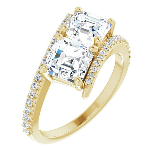 10K Yellow Gold Customizable Double Asscher Cut 2-stone Design with Ultra-thin Bypass Band and Pavé Enhancement