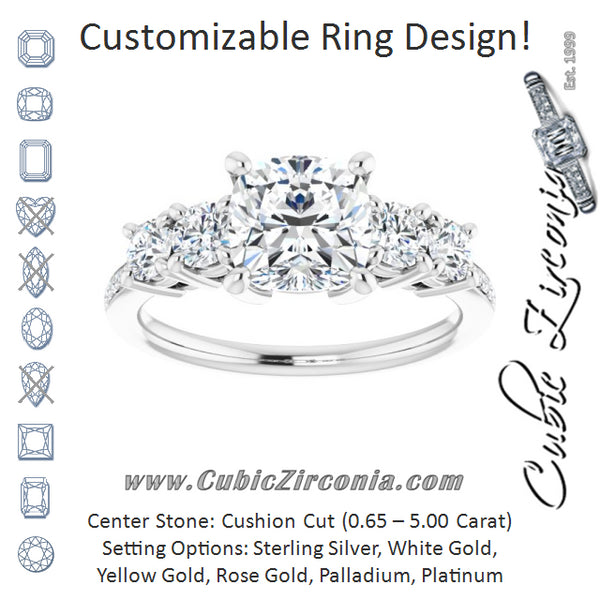 Cubic Zirconia Engagement Ring- The Denae (Customizable 5-stone Cushion Cut Design Enhanced with Accented Band)