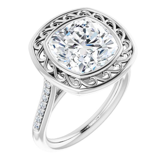 10K White Gold Customizable Cathedral-Bezel Cushion Cut Design with Floral Filigree and Thin Shared Prong Band