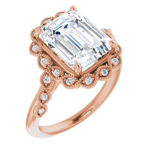 10K Rose Gold Customizable 3-stone Design with Emerald/Radiant Cut Center and Halo Enhancement