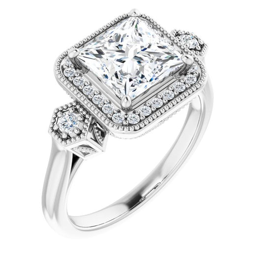 10K White Gold Customizable Cathedral Princess/Square Cut Design with Halo and Delicate Milgrain