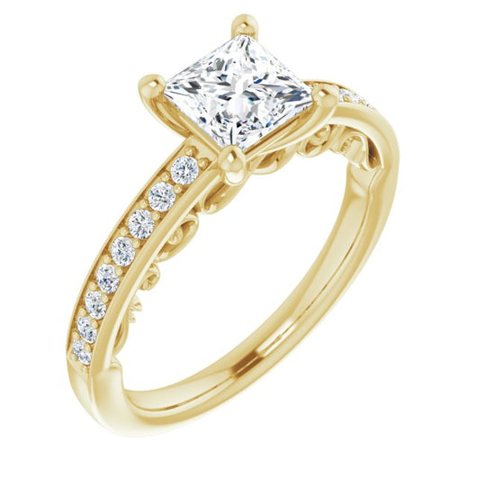 10K Yellow Gold Customizable Princess/Square Cut Design featuring 3-Sided Infinity Trellis and Round-Channel Accented Band