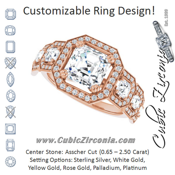 Cubic Zirconia Engagement Ring- The Carmela (Customizable Cathedral-Halo Asscher Cut Design with Six Halo-surrounded Asscher Cut Accents and Ultra-wide Band)