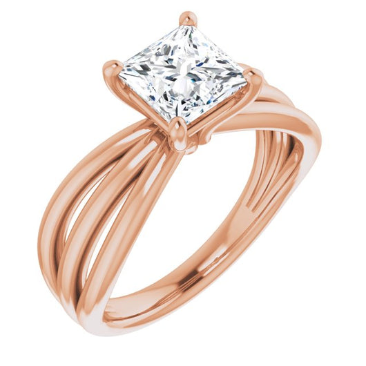 10K Rose Gold Customizable Princess/Square Cut Solitaire Design with Wide, Ribboned Split-band