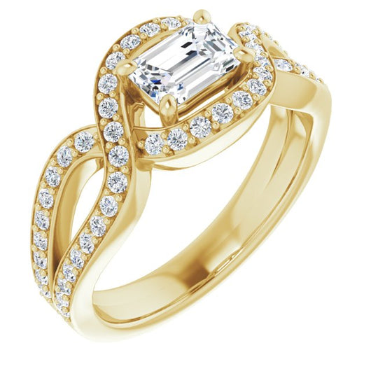 10K Yellow Gold Customizable Emerald/Radiant Cut Center with Infinity-inspired Split Shared Prong Band and Bypass Halo