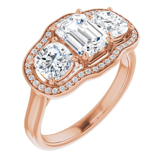 10K Rose Gold Customizable 3-stone Design with Emerald/Radiant Cut Center, Cushion Side Stones, Triple Halo and Bridge Under-halo