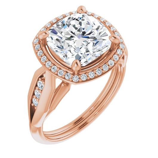 10K Rose Gold Customizable Cathedral-raised Cushion Cut Design with Halo and Tri-Cluster Band Accents