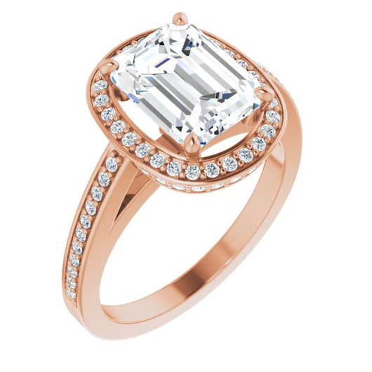 10K Rose Gold Customizable Cathedral-set Emerald/Radiant Cut Design with Halo, Thin Pavé Band & Round-Bezel Peekaboos