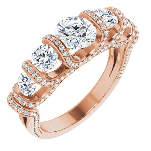 10K Rose Gold Customizable Bar-set Round Cut 5-stone Design Plus Grandiose Pavé Accents