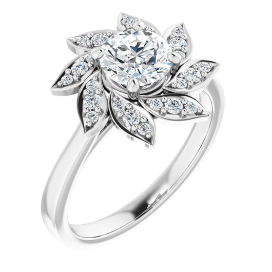 10K White Gold Customizable Round Cut Design with Artisan Floral Halo