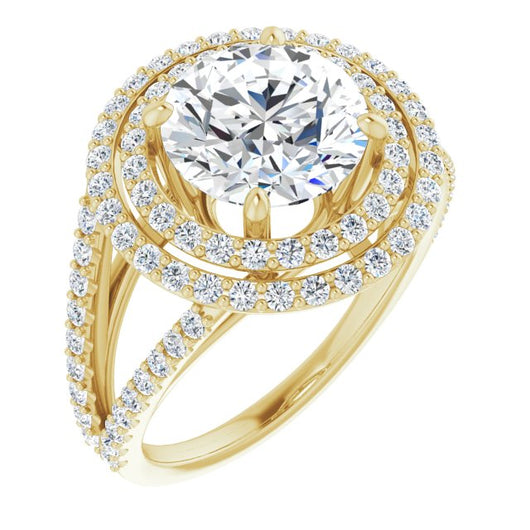 10K Yellow Gold Customizable Round Cut Design with Double Halo and Wide Split-Pavé Band