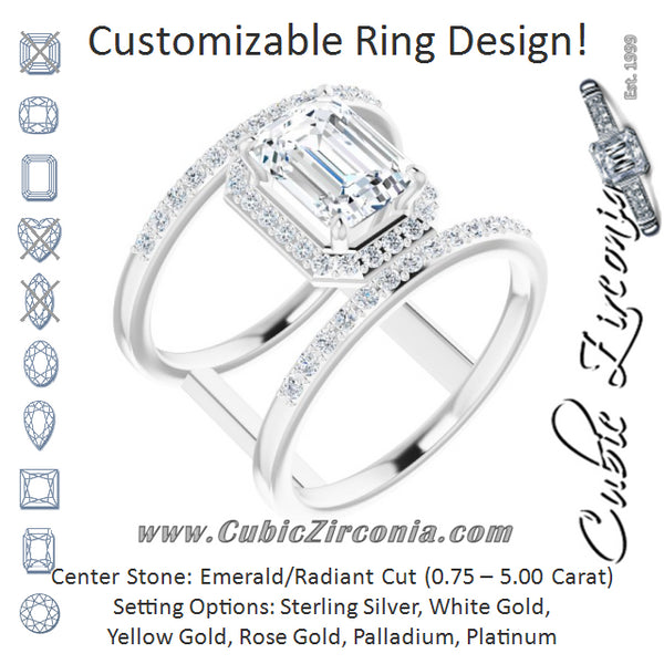 Cubic Zirconia Engagement Ring- The Jersey (Customizable Emerald Cut Halo Design with Open, Ultrawide Harness Double Pavé Band)